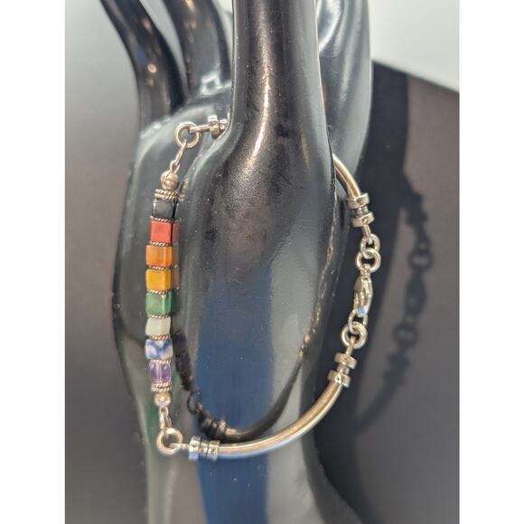 Vintage 925 Sterling Silver Natural Stone Square Bead Bar Link Bracelet - Picture 5 of 5